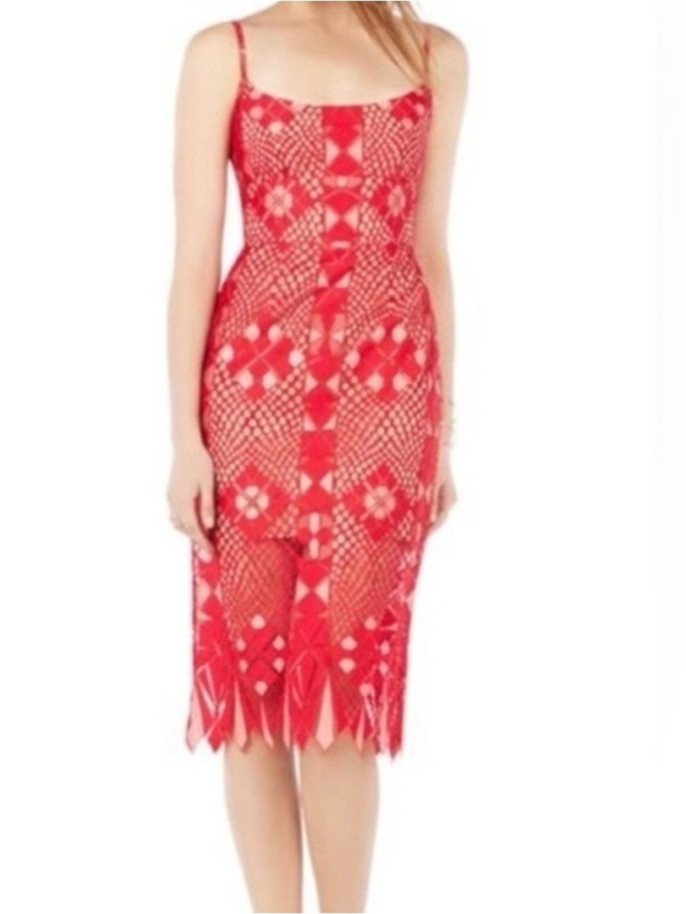 BCBGMaxAzria Red and Nude Lace Midi Dress
